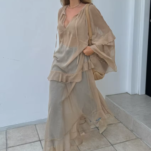 Elegant Classic Fashion Ruffle Loose V-Neck Long Sleeve Ankle Length Dresses