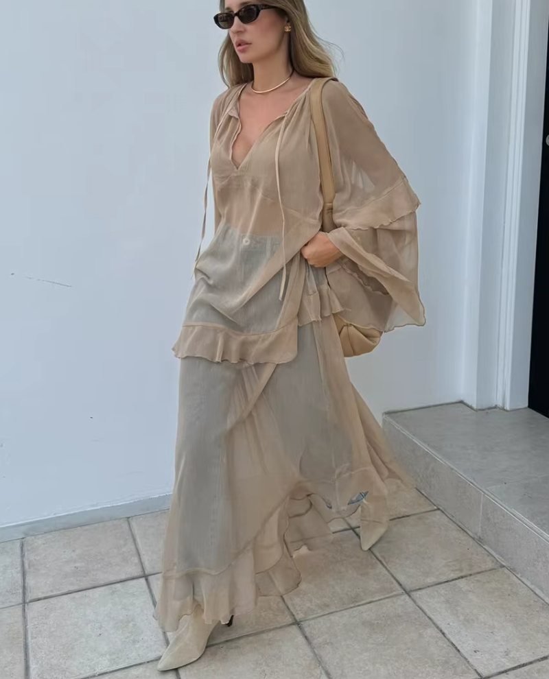 Elegant Classic Fashion Ruffle Loose V-Neck Long Sleeve Ankle Length Dresses