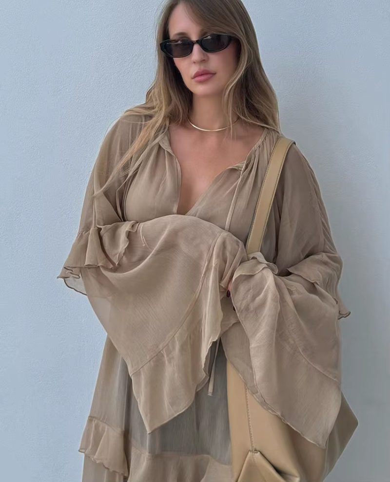 Elegant Classic Fashion Ruffle Loose V-Neck Long Sleeve Ankle Length Dresses - Image 4