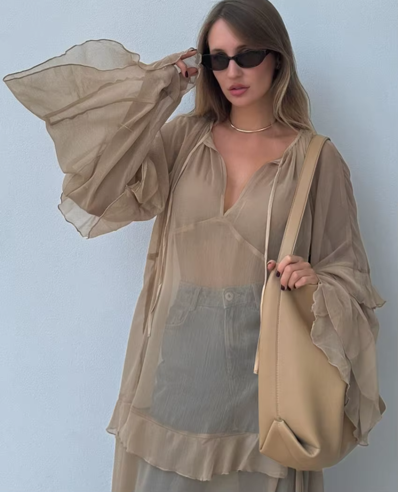 Elegant Classic Fashion Ruffle Loose V-Neck Long Sleeve Ankle Length Dresses - Image 3