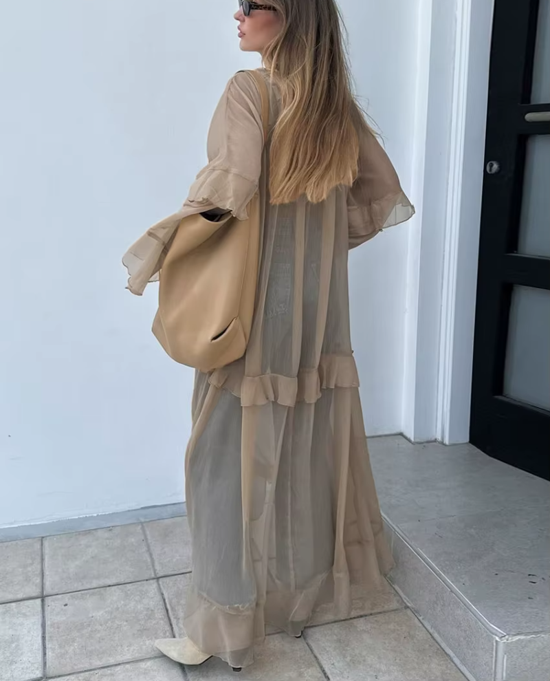 Elegant Classic Fashion Ruffle Loose V-Neck Long Sleeve Ankle Length Dresses - Image 2