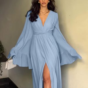 Elegant Classic Fashion V-Neck Loose Long Sleeve High Waist Pleated Maxi Dresses