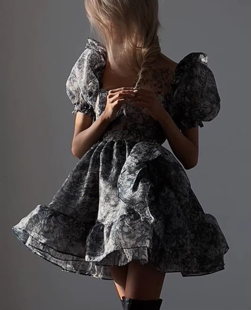 Elegant Classic Pleated Loose Print Fashion Square Collar Short Sleeve Mini Dresses - Image 4