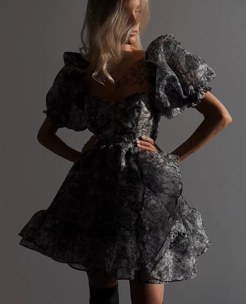 Elegant Classic Pleated Loose Print Fashion Square Collar Short Sleeve Mini Dresses - Image 3