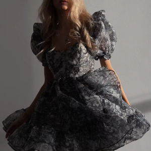 Elegant Classic Pleated Loose Print Fashion Square Collar Short Sleeve Mini Dresses