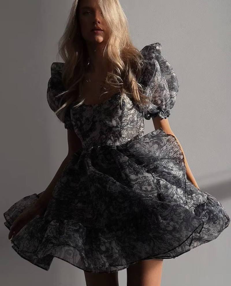 Elegant Classic Pleated Loose Print Fashion Square Collar Short Sleeve Mini Dresses