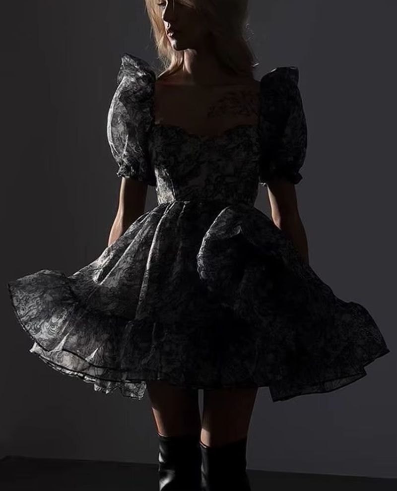 Elegant Classic Pleated Loose Print Fashion Square Collar Short Sleeve Mini Dresses - Image 2