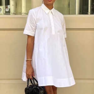 Elegant Classic Solid Loose Cotton Casual Lapel Short Sleeve Mini Dresses