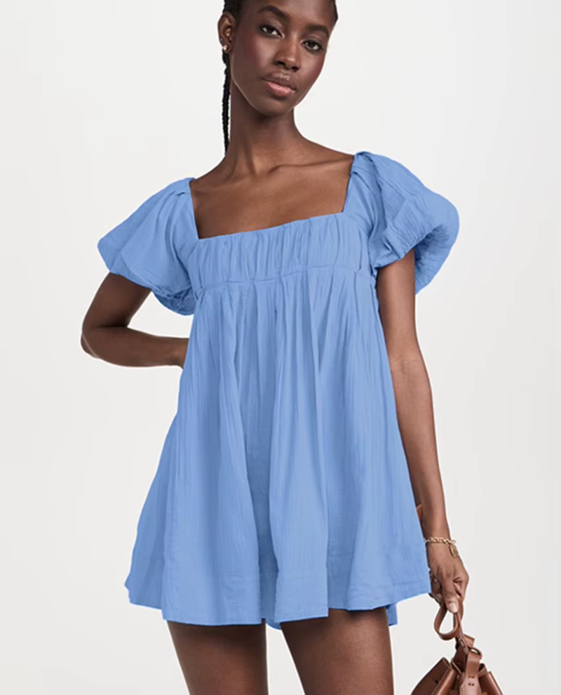 Elegant Classic Solid Loose Cotton Fashion Square Collar Short Sleeve Mini Dresses