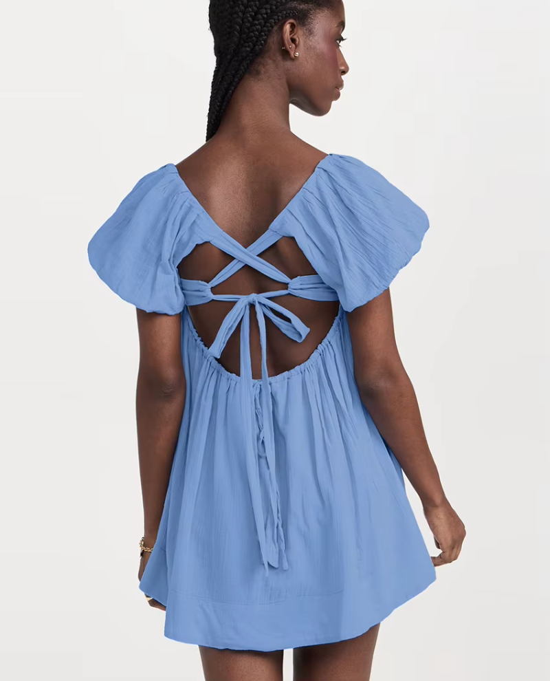 Elegant Classic Solid Loose Cotton Fashion Square Collar Short Sleeve Mini Dresses - Image 2