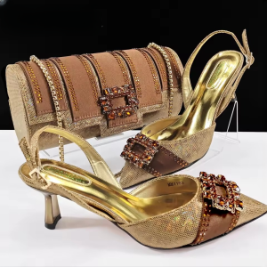 Elegant Color Block Design Shoes And Full Rhinestone Party Bag