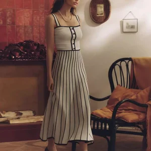 Elegant Color Block V-neck Knitted Sleeveless Midi Dress