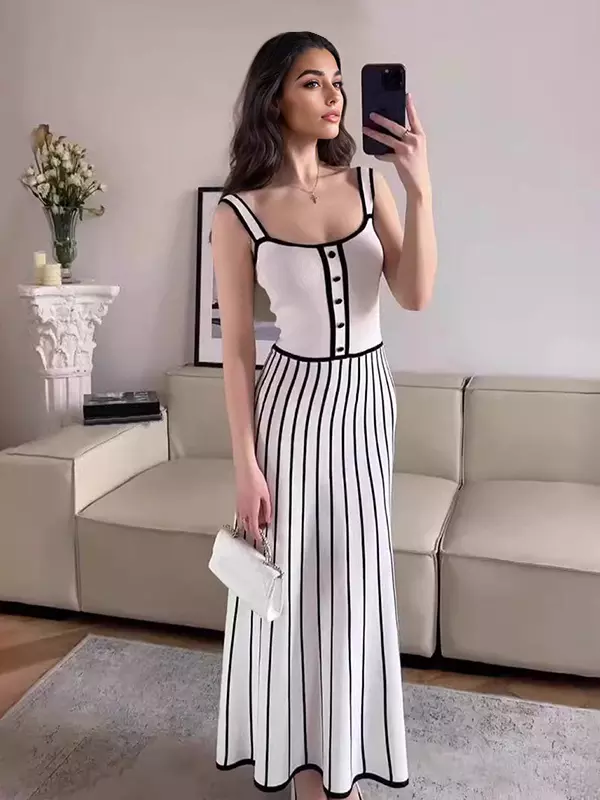 Elegant Color Block V-neck Knitted Sleeveless Midi Dress - Image 2
