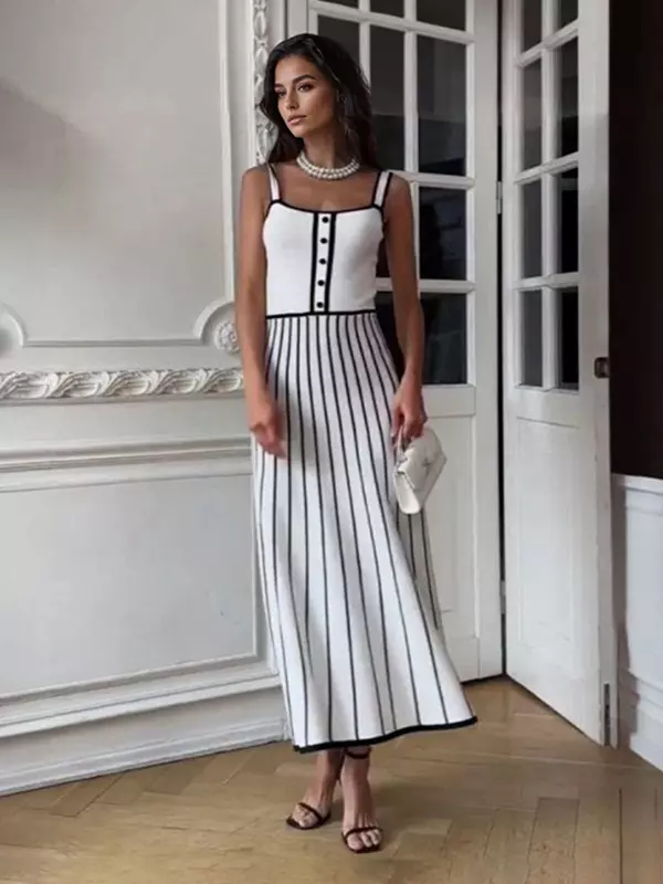 Elegant Color Block V-neck Knitted Sleeveless Midi Dress - Image 3