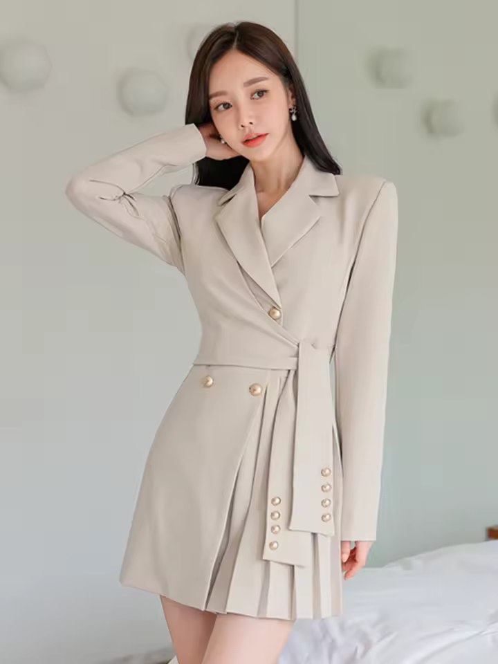 Elegant Commute Chic Solid Long Sleeve Pleated Formal Blazer Short Dress