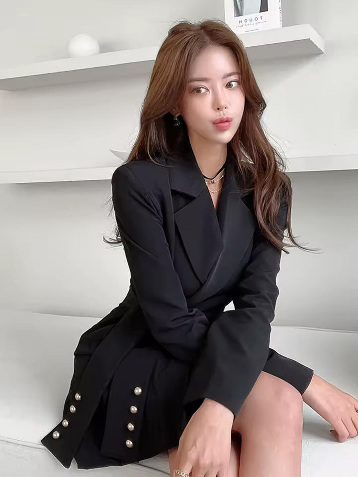 Elegant Commute Chic Solid Long Sleeve Pleated Formal Blazer Short Dress - Image 7