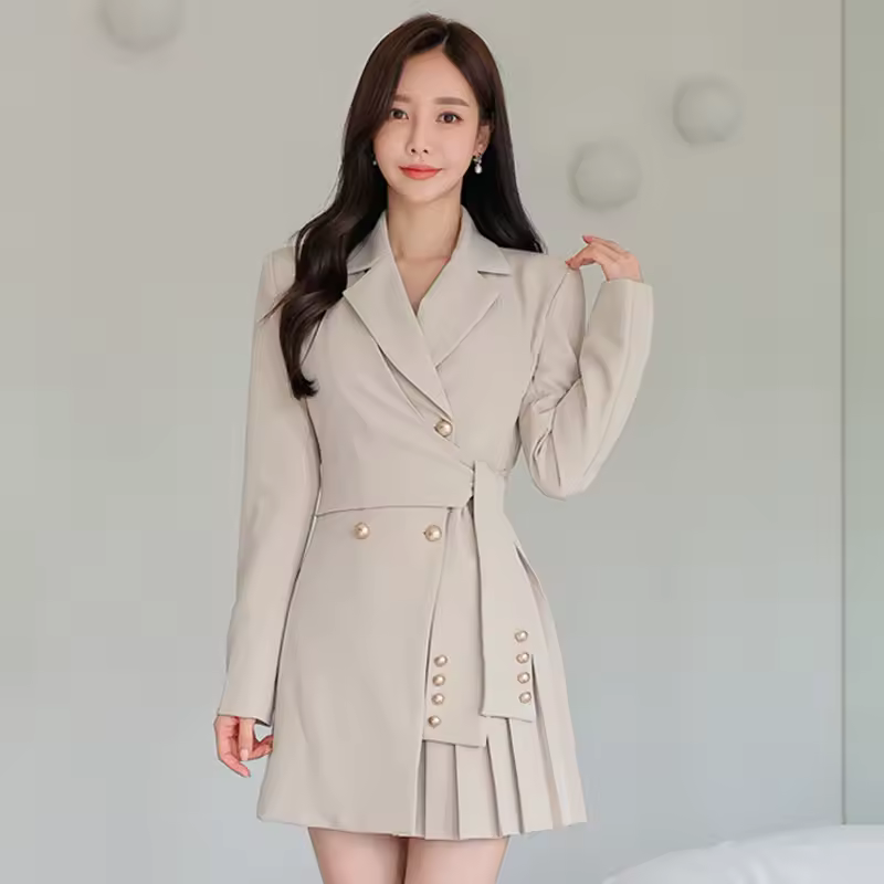 Elegant Commute Chic Solid Long Sleeve Pleated Formal Blazer Short Dress - Image 2