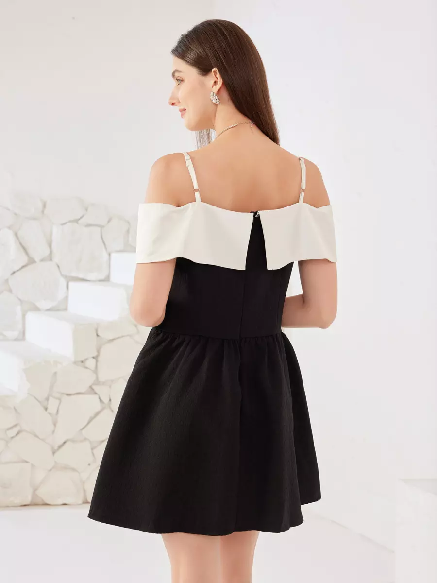 Elegant Contrast Off-shoulder A-line Short Sleeve Mini Dress - Image 5