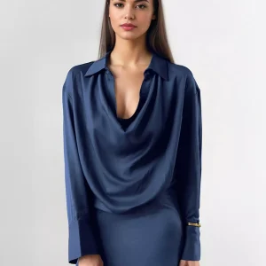 Elegant Cowl Pleated Solid Color Neck Long Sleeves Mini Dress