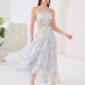 Elegant Cutout Waist Halter Polyester Neck Floral Long Dress
