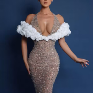 Elegant Deep V Halter Sequins Flower Mesh Maxi Long Bodycon Dress