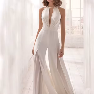 Elegant Deep V-neck Halter Sleeveless Backless Split Lace White Jumpsuit