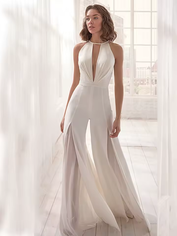 Elegant Deep V-neck Halter Sleeveless Backless Split Lace White Jumpsuit