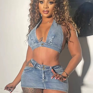 Elegant Denim Backless Bodycon Sleevless Halter Two Piece Sets