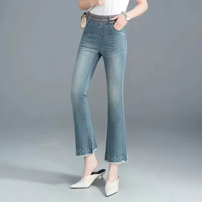 Casual Flare button fly Elastic Band Flash Office Lady Washed Pants - Image 5