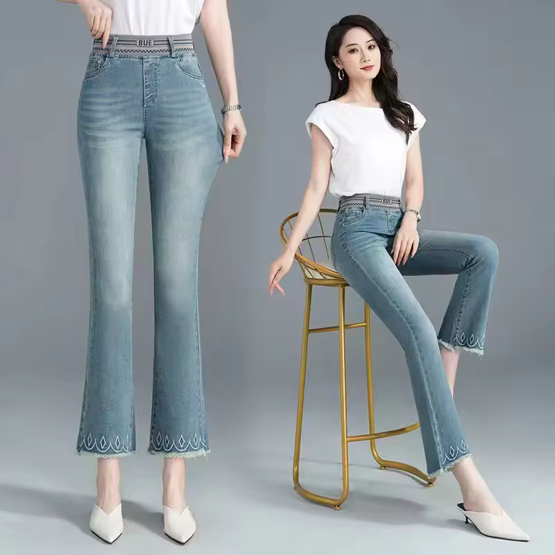 Casual Flare button fly Elastic Band Flash Office Lady Washed Pants - Image 3