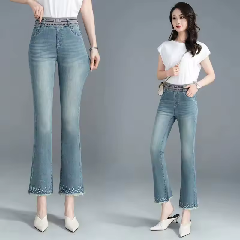 Casual Flare button fly Elastic Band Flash Office Lady Washed Pants - Image 2