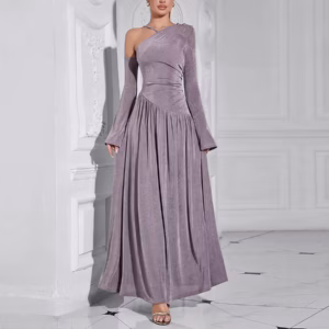 Elegant Diagonal Neck Long Sleeves Patchwork Folds Midi Dresses