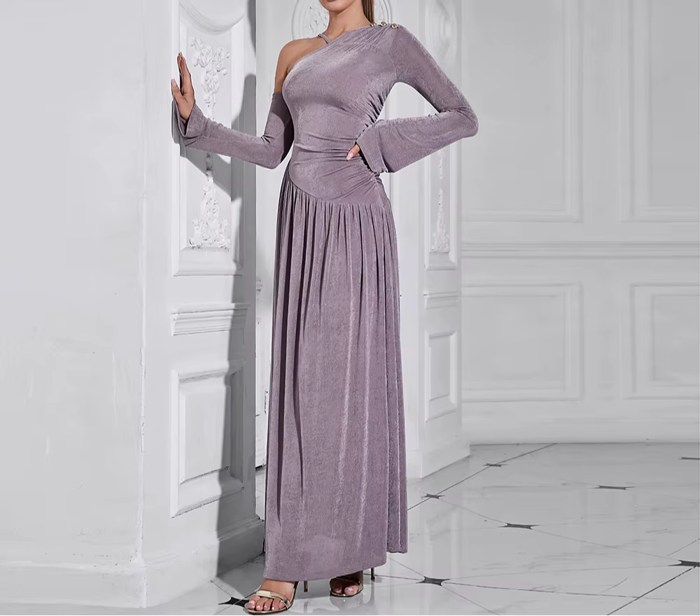 Elegant Diagonal Neck Long Sleeves Patchwork Folds Midi Dresses - Image 3