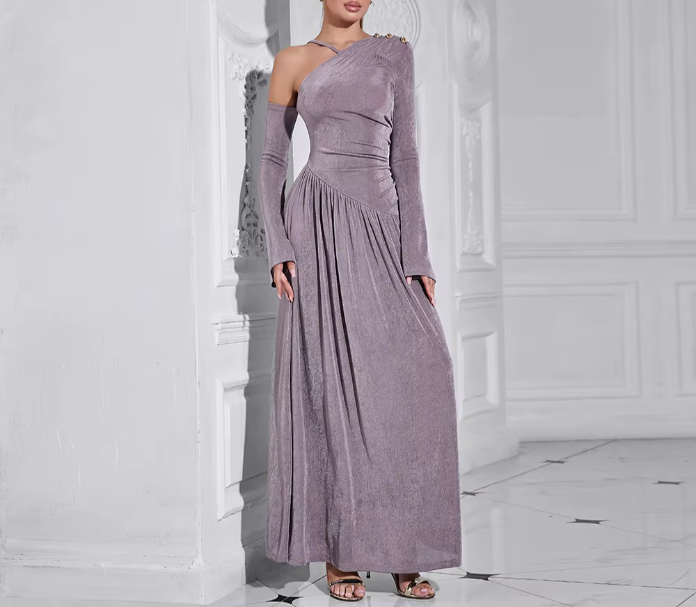 Elegant Diagonal Neck Long Sleeves Patchwork Folds Midi Dresses - Image 7