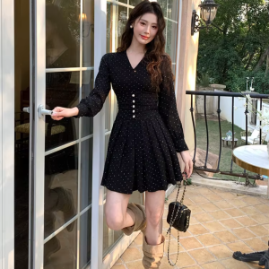 Elegant Fashion Casual Vintage Print V-Neck Slim Mini Short Pleated Dress