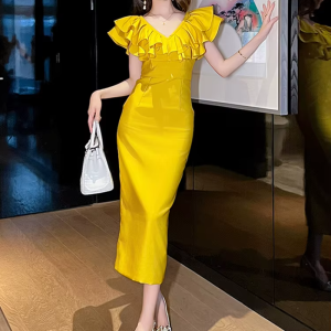 Elegant Fashion Chic Ruffle V-Neck Slim Midi Long Evening Dress