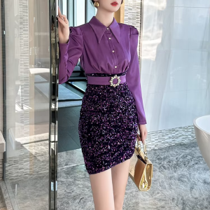 Elegant Fashion Formal Occasion  2-Piece Shirt Sequin Slim Pencil Short Dress