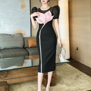 Elegant Fashion O-Neck Floral Slim Midi Formal Occasion Evening Dress