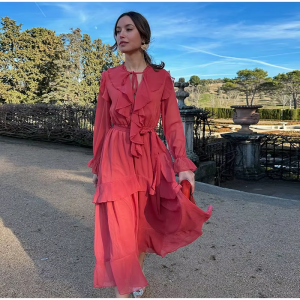 Elegant Fashion O-neck Lace Up Long Sleeve High Waist Tiered Ruffles Midi Dress