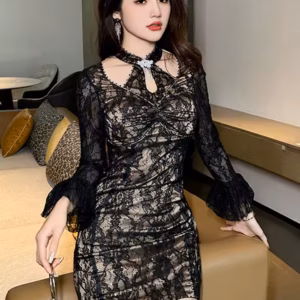 Elegant Flare Sleeve Slim Shiny Sequin zipper Evening Mini Dress