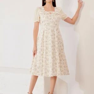 Elegant Floral Cottage Square Neck Puff Sleeves  A-Line Midi Dress