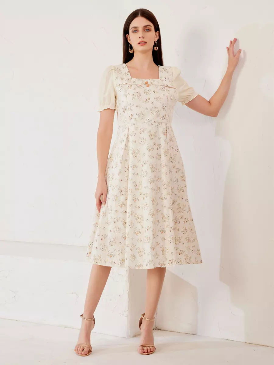 Elegant Floral Cottage Square Neck Puff Sleeves A-Line Midi Dress