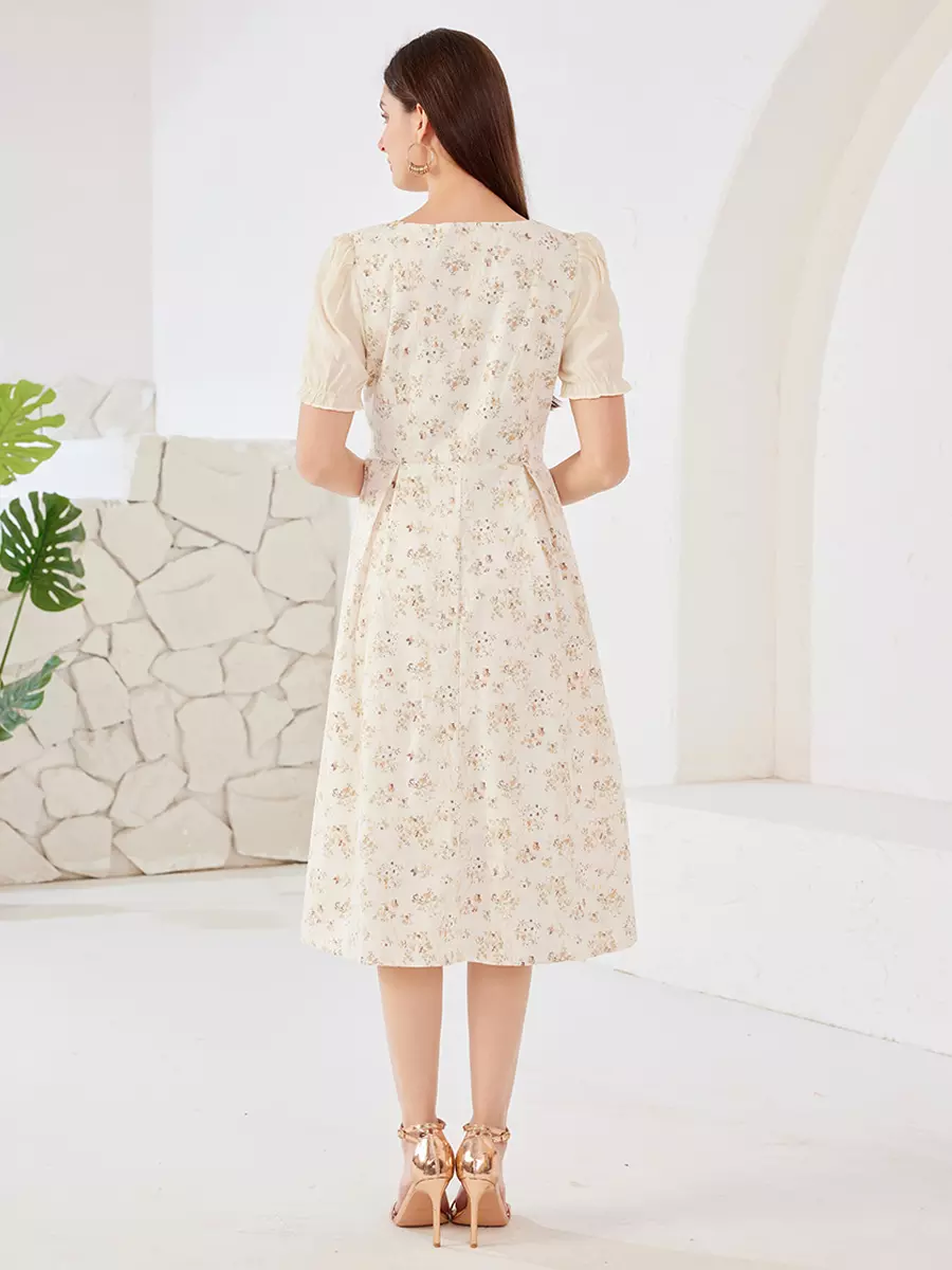 Elegant Floral Cottage Square Neck Puff Sleeves A-Line Midi Dress - Image 5