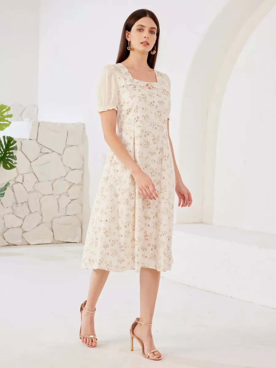 Elegant Floral Cottage Square Neck Puff Sleeves A-Line Midi Dress - Image 2