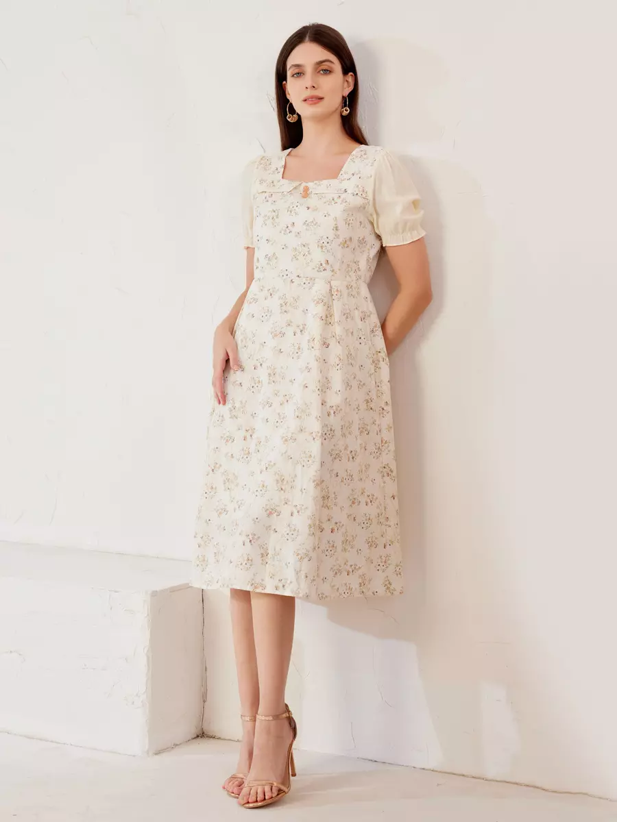 Elegant Floral Cottage Square Neck Puff Sleeves A-Line Midi Dress - Image 3