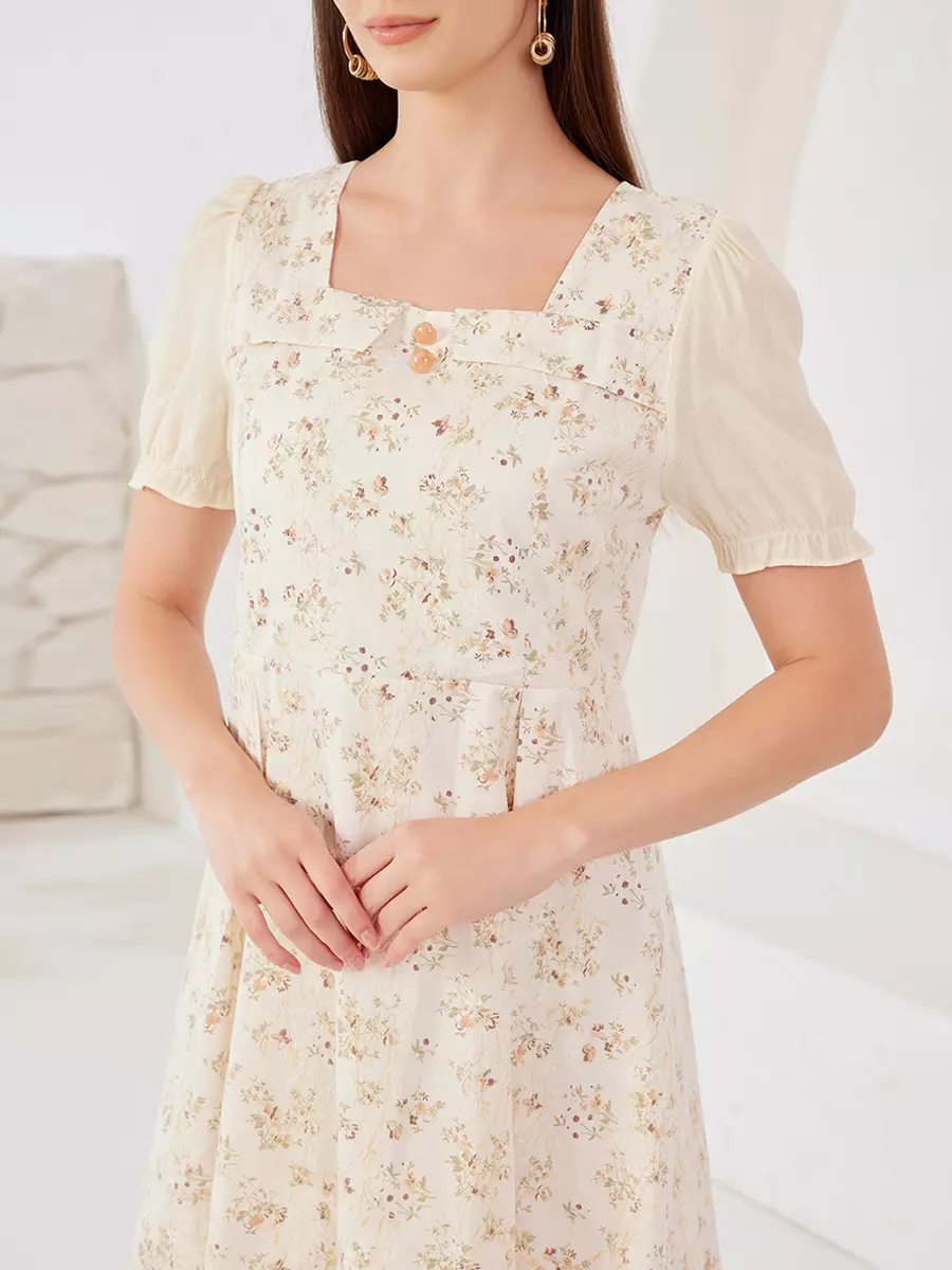 Elegant Floral Cottage Square Neck Puff Sleeves A-Line Midi Dress - Image 4