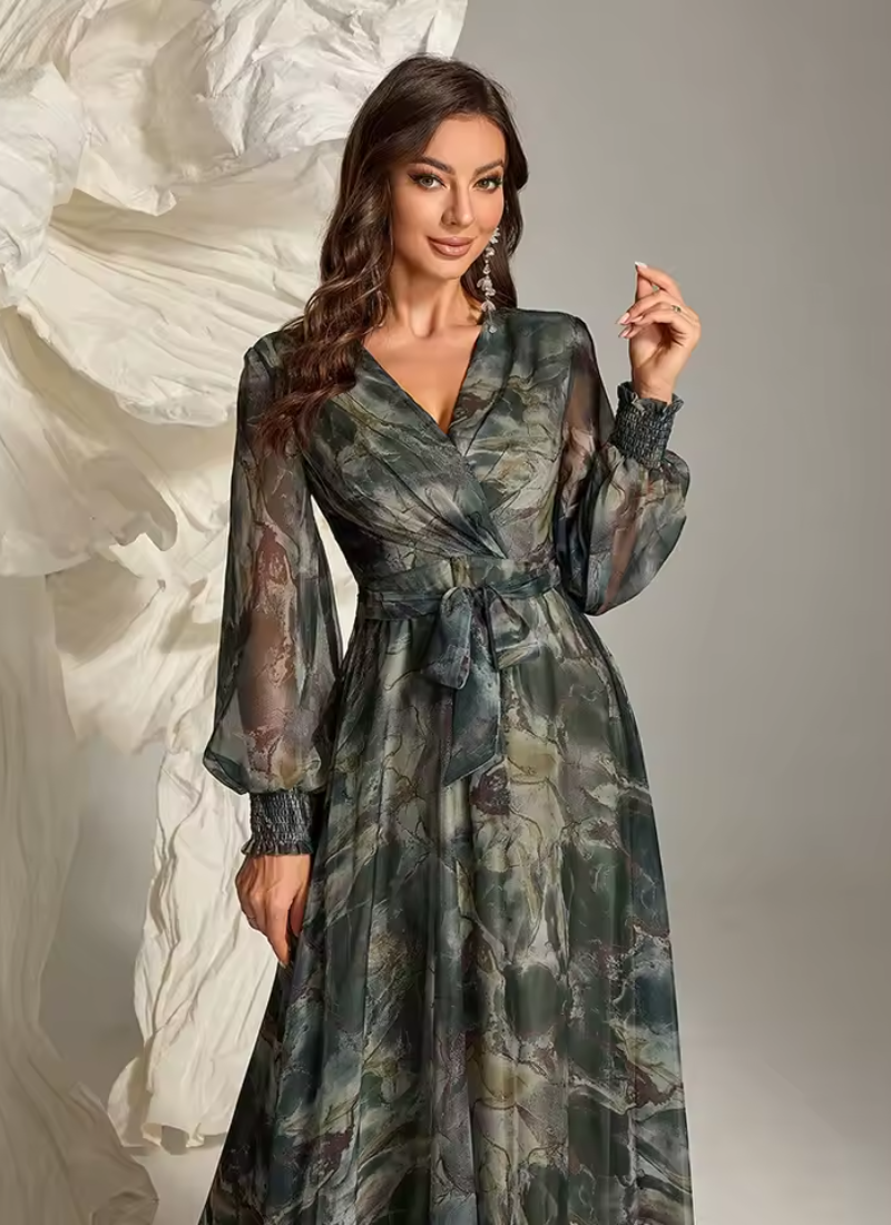 Elegant Floral Print Casual Long Sleeve Belted Formal Party Maxi Dresses - Image 5