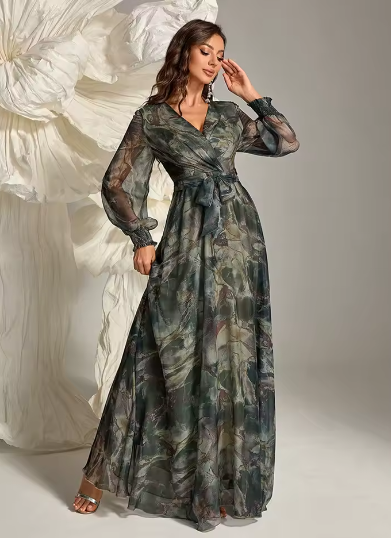 Elegant Floral Print Casual Long Sleeve Belted Formal Party Maxi Dresses - Image 2
