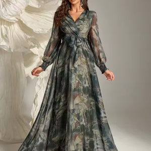 Elegant Floral Print Casual Long Sleeve Belted Formal Party Maxi Dresses
