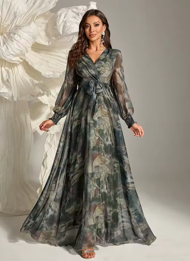 Elegant Floral Print Casual Long Sleeve Belted Formal Party Maxi Dresses